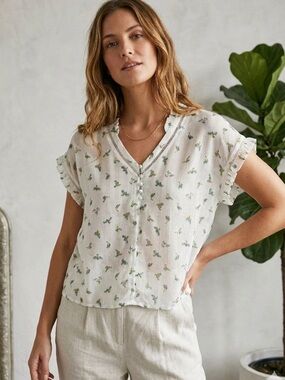 White V-Neck Button Front Blouse with Green Floral Print